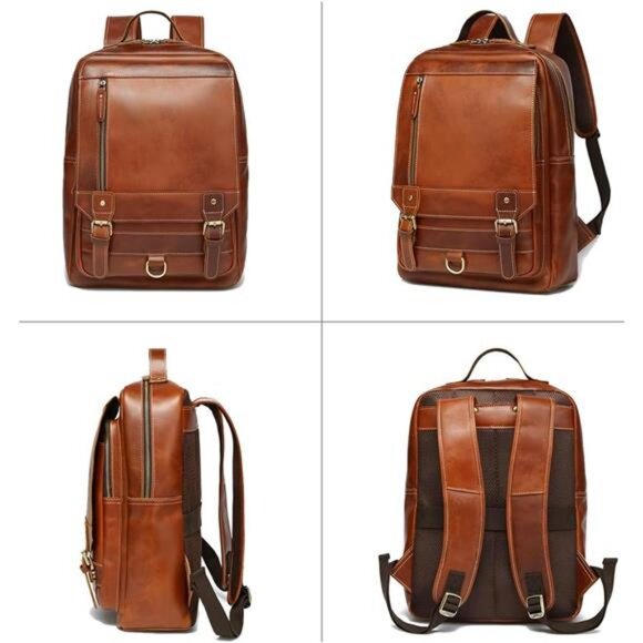 LANNSYNE Vintage Genuine Leather Backpack For Men Fits up to 15\